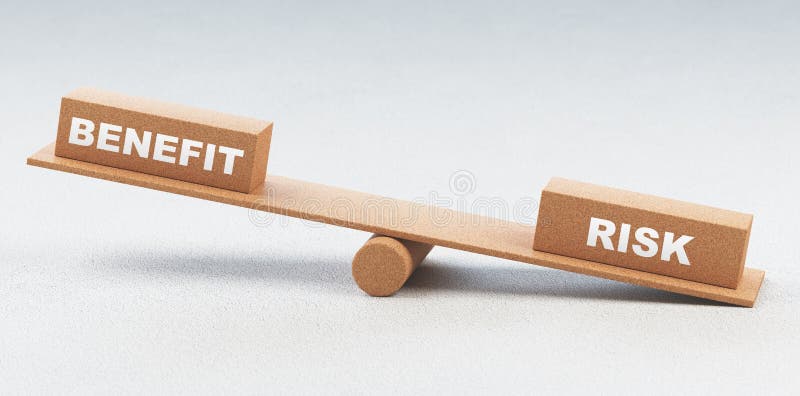 Risk and benefit concept on balance. Risk reward balance illustration illustrations