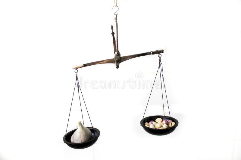 Balance Scale with Pills and Garlic Stock Photo Image of herb