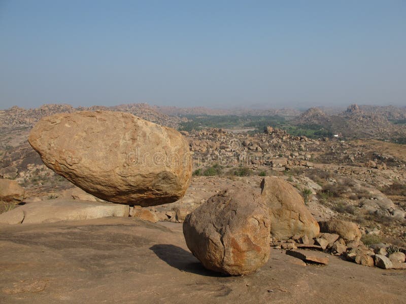 Balancing Granite Boulder in Hampi, Karnataka. Popular Rock for Stock