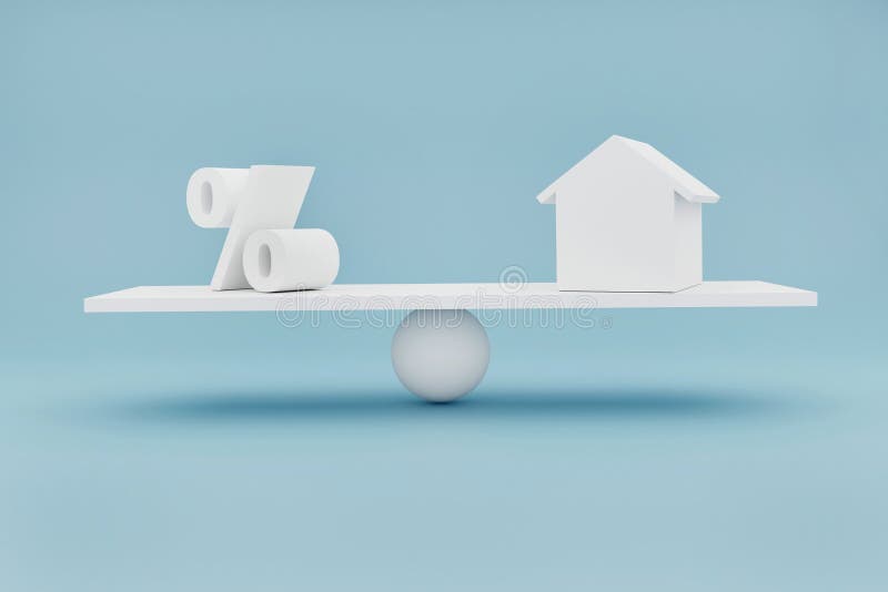 Balancing the percentage icon and house model on the small seesaw. 3d render illustration stock illustration