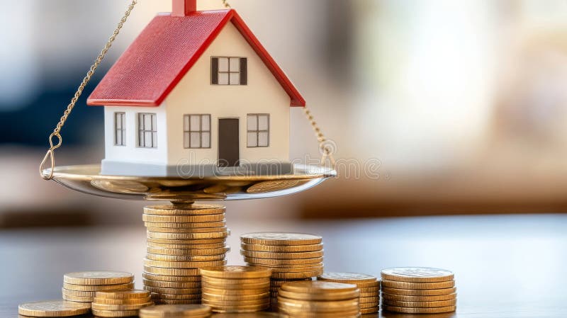 Balancing a small house model on coins to illustrate real estate investment principles. A model of a house sits atop a balanced scale of coins, emphasizing the relationship between real estate and financial investment. This visual highlights the importance of property value. AI generated