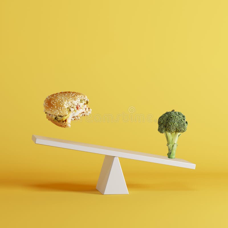 Balancê de derrubada vegetal dos brócolis com o hamburguer de flutuação no extremo oposto no fundo amarelo ilustração royalty free Balancê de derrubada vegetal dos brócolis com o hamburguer de flutuação no extremo oposto no fundo amarelo ilustração royalty free