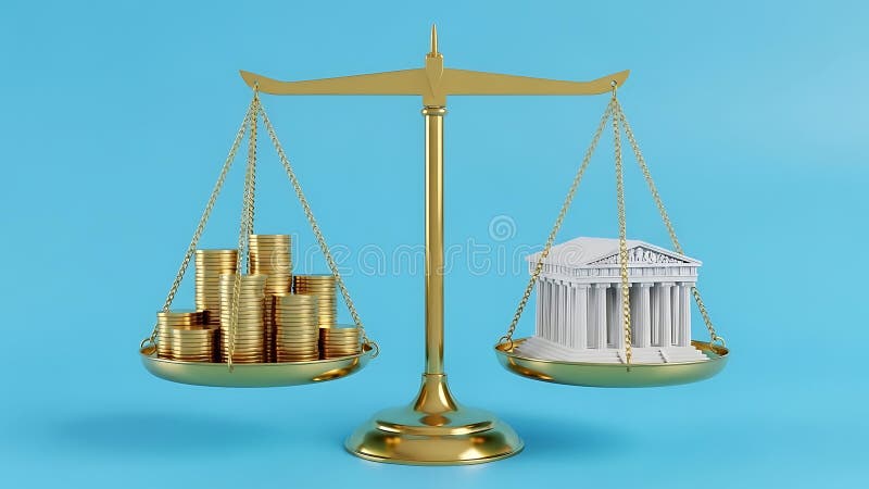 Balança dourada com moedas e edifício branco imagem de stock