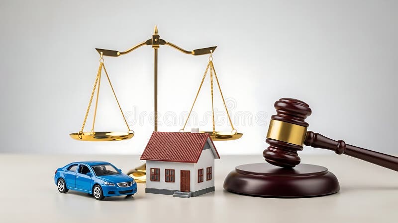 Balanças Douradas, Carro, Casa e Martelo imagem de stock royalty free