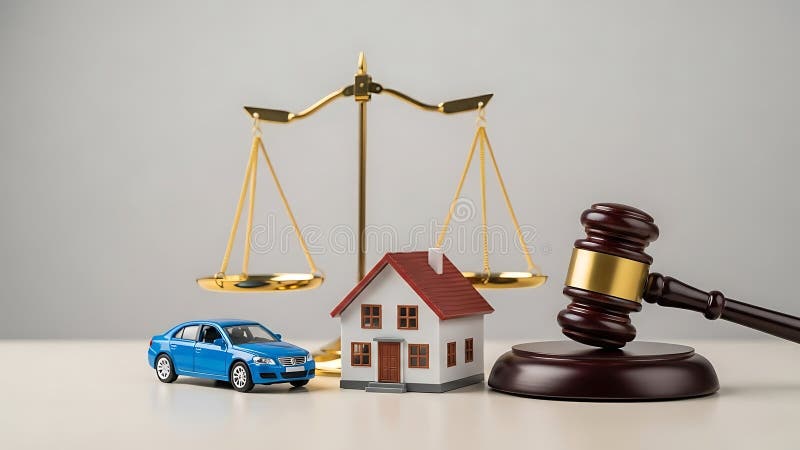 Balanças Douradas com Carro, Casa e Martelo imagem de stock royalty free