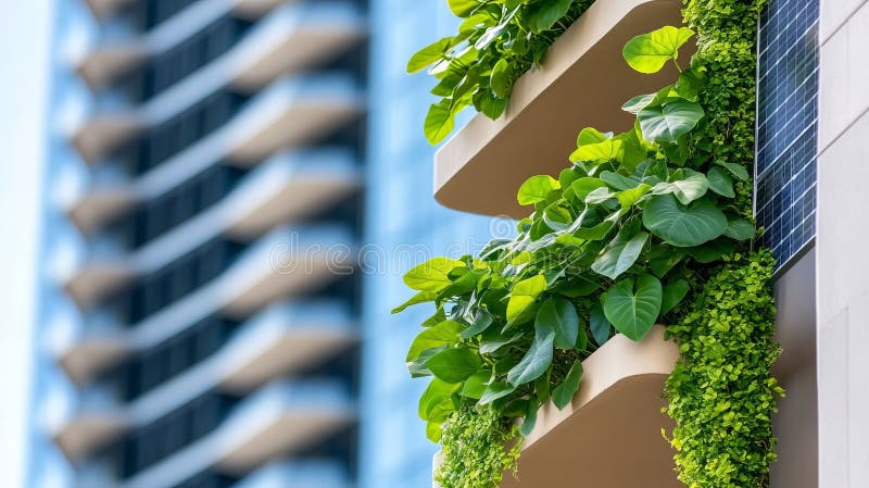 Balconi verticali con verde lussuoso su edifici moderni illustrazione di stock