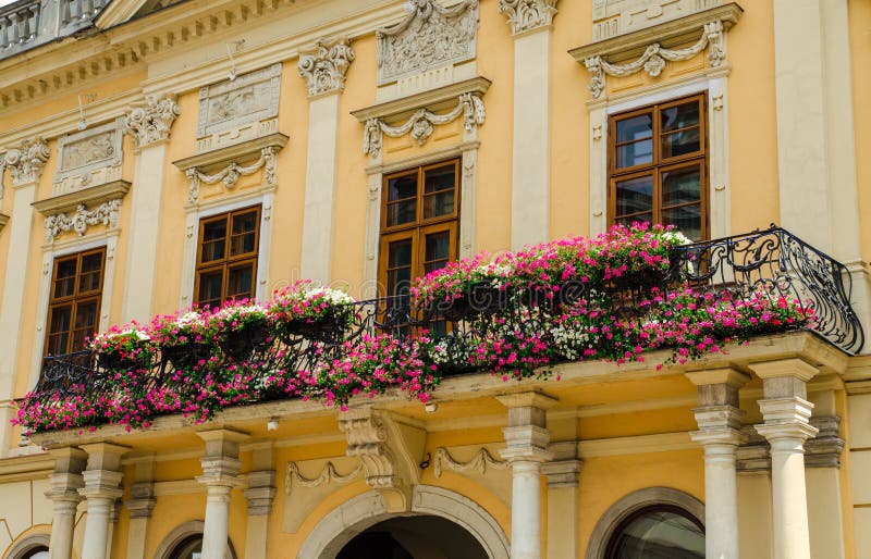 Balcony with flowers on a historic building in Kosice