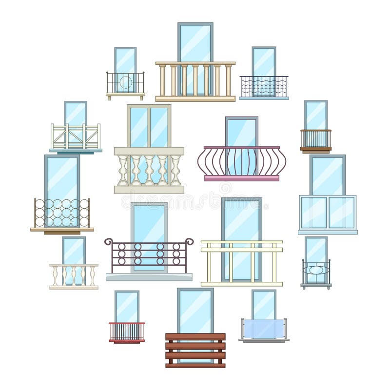 Balcony window forms icons set, cartoon style vector illustration