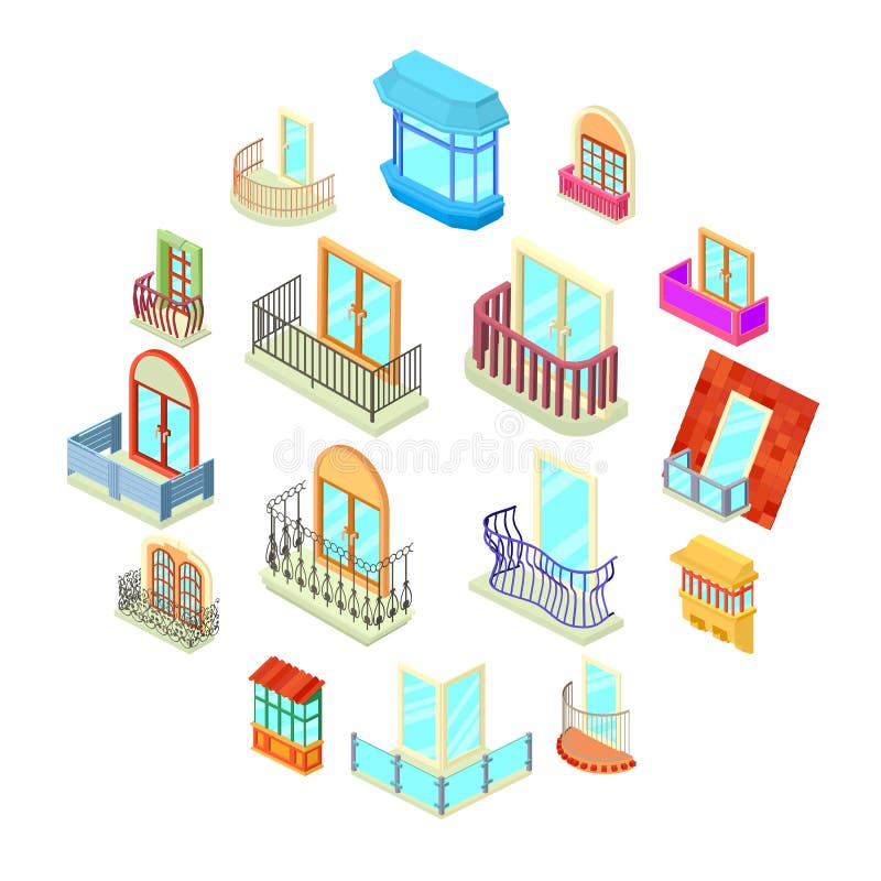 Balcony window forms icons set, isometric style vector illustration