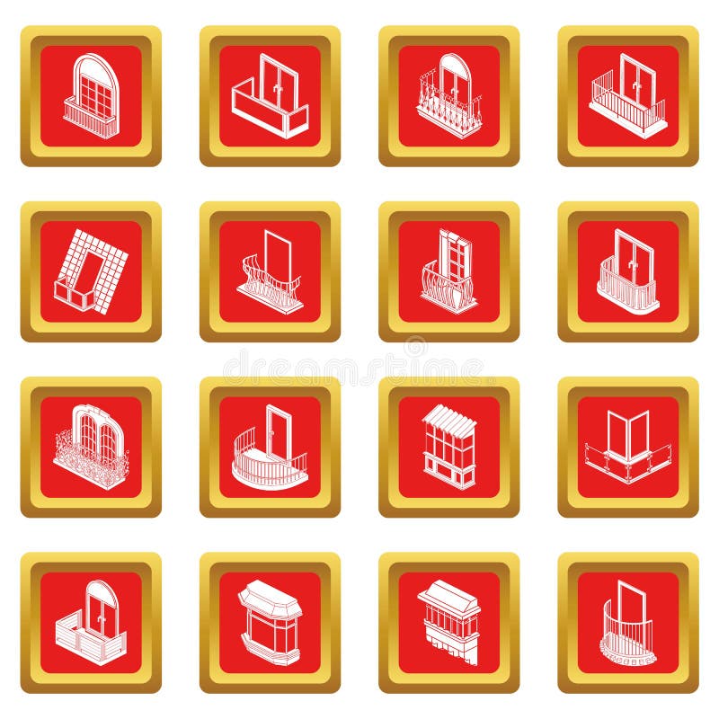 Balcony window forms icons set red square vector vector illustration