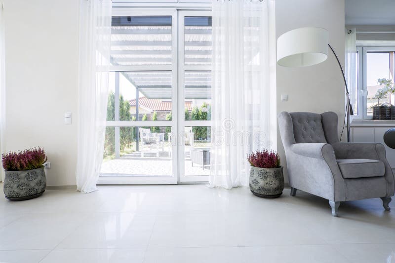 Balcony window with garden view stock images