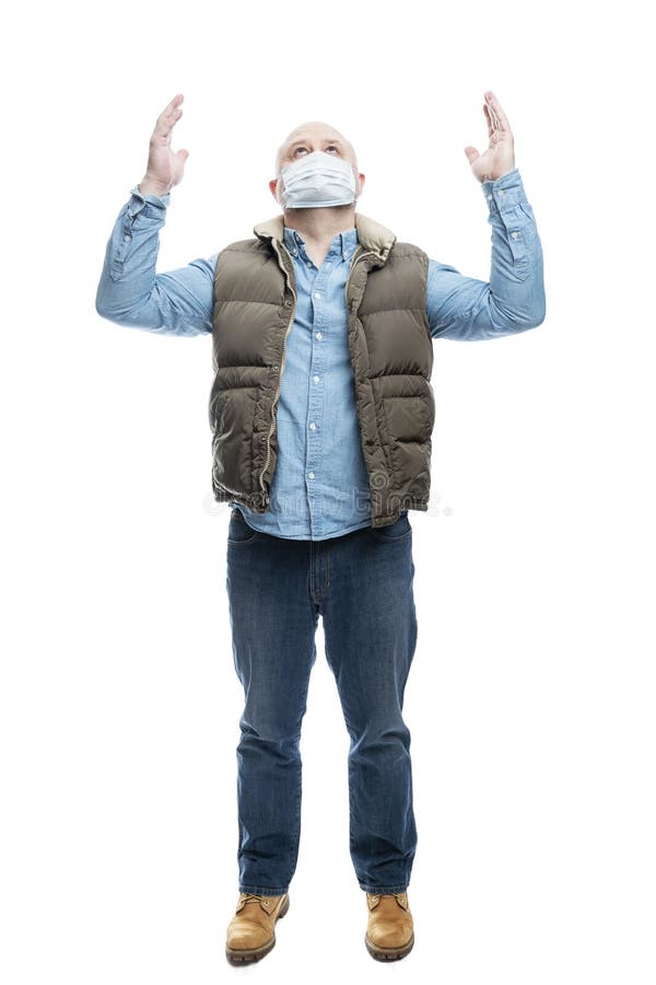 Bald Adult Male in Medical Mask Raised His Hands Up. Isolated on a ...