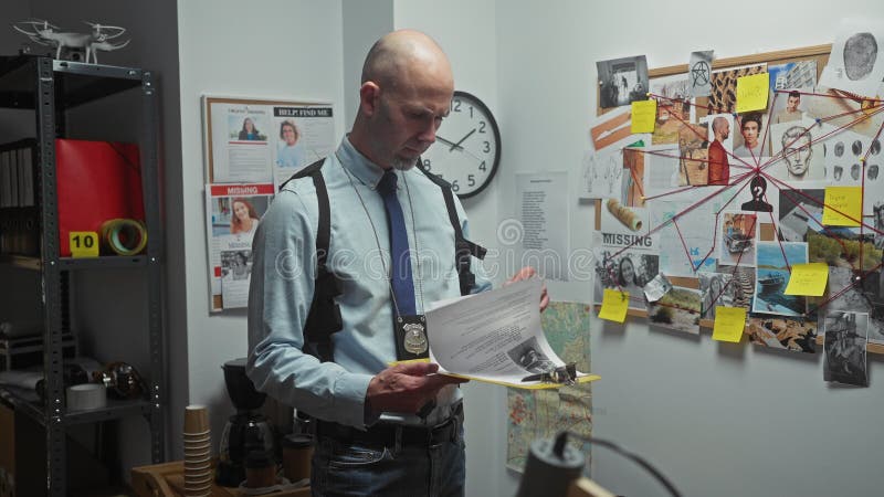 Bald detective analyzes evidence in an investigation room with a board of clues, documents, and maps stock footage