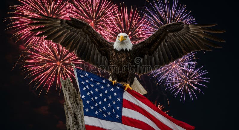 Bald Eagle och Fireworks Display Majestic Bald eagle som trycks på en amerikansk flagga mot en vibrerande fyrverkeribakgrund stock illustrationer