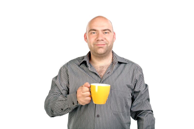 The bald man with a cup