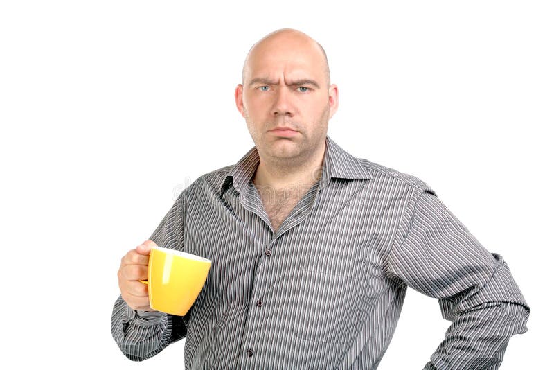 The bald man with a cup