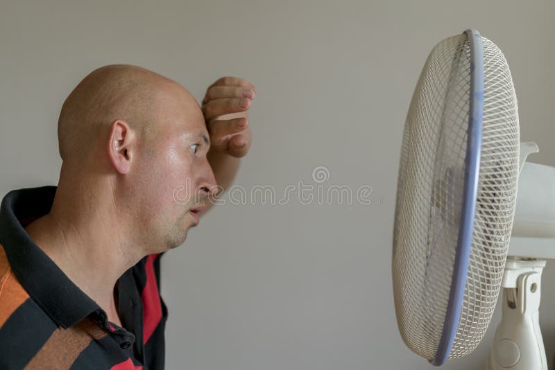 Bald man sweating because summer heat haze. Man refreshing in front of air electric fan