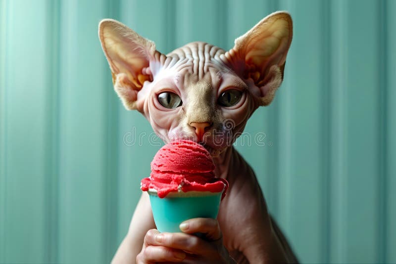 Bald Sphynx Cat Holding a Scoop of Strawberry Ice Cream Against Turquoise Background vector illustration