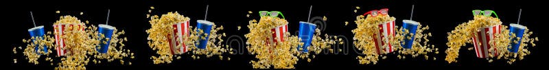 Paper striped bucket with popcorn, cup of soft and glasses isolated on black background, movie night concept or watching TV. Paper striped bucket with popcorn, cup of soft and glasses isolated on black background, movie night concept or watching TV.