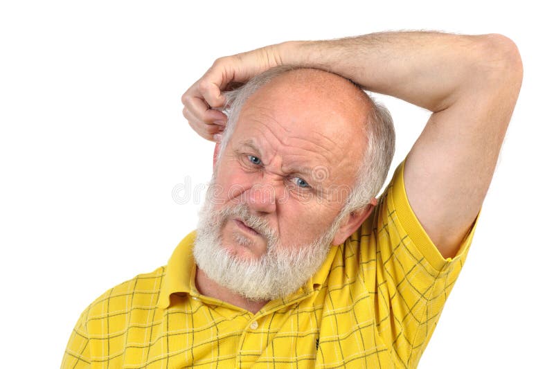 Balding senior man scratching his other ear