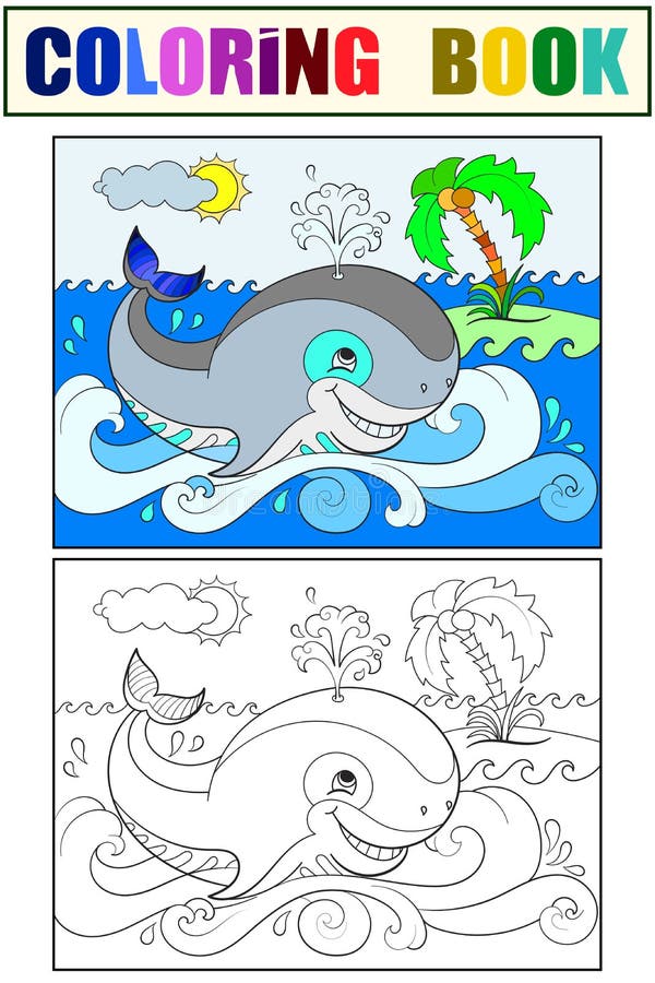 Baleia azul em um fundo da coloração do oceano para a ilustração dos desenhos animados das crianças branco, preto e cor ilustração do vetor Baleia azul em um fundo da coloração do oceano para a ilustração dos desenhos animados das crianças branco, preto e cor ilustração do vetor