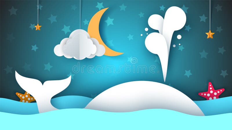 Baleine, mer, étoile, ciel, lune - illustration de papier de bande dessinée illustration stock Baleine, mer, étoile, ciel, lune - illustration de papier de bande dessinée illustration stock