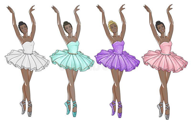 Balerine purtând tutu în culori diferite pentru tonuri întunecate ale pielii stock illustration