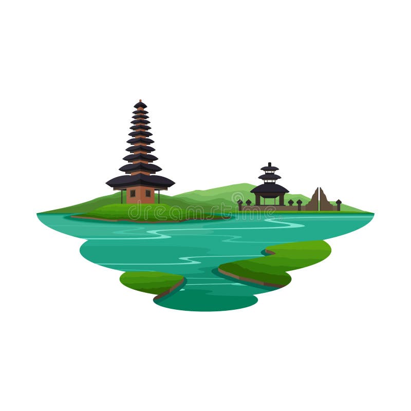 Bali Indonesien Antiker Tempel und Insel Landschaft vektor abbildung