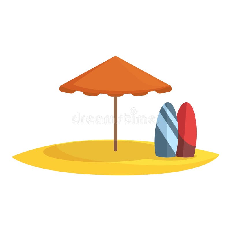 Bali Sand Beach with Umbrella Icon Cartoon Vector. Sport Surfing Boards