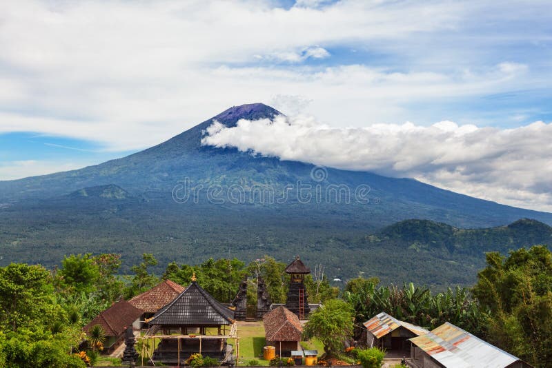 Balinese temple on background of Mount Agung volcano