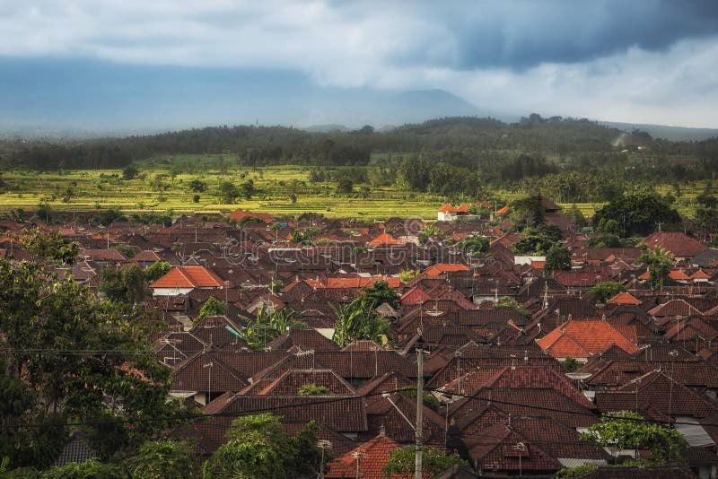 Balinese traditional small Indonesian town village Bugbug city landscape on Bali stock photo
