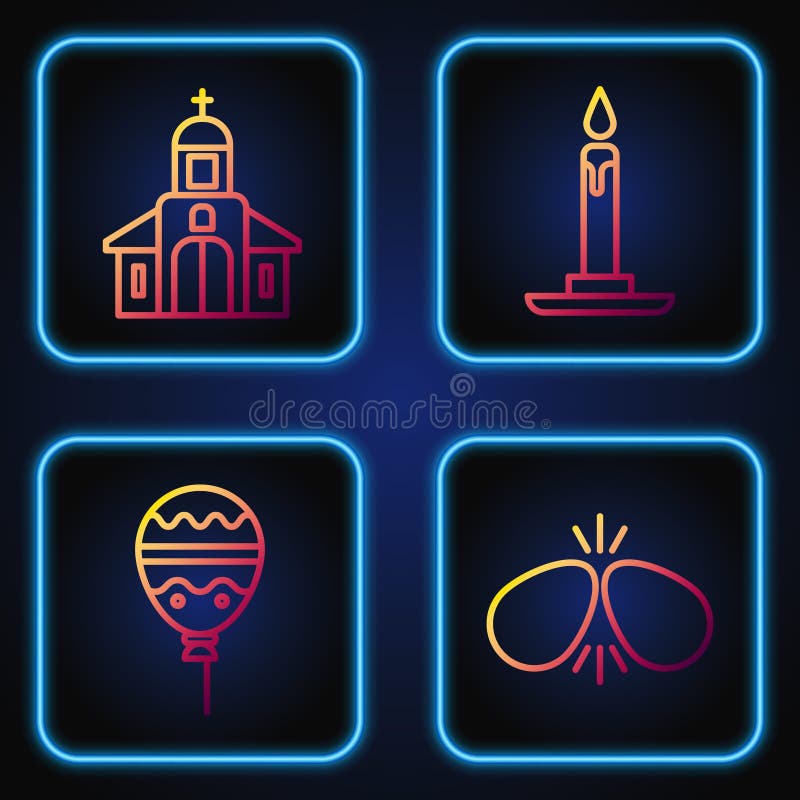 Set line Easter eggs, Balloons with ribbon, Church building and Burning candle in candlestick. Gradient color icons. Vector. Set line Easter eggs, Balloons with ribbon, Church building and Burning candle in candlestick. Gradient color icons. Vector.