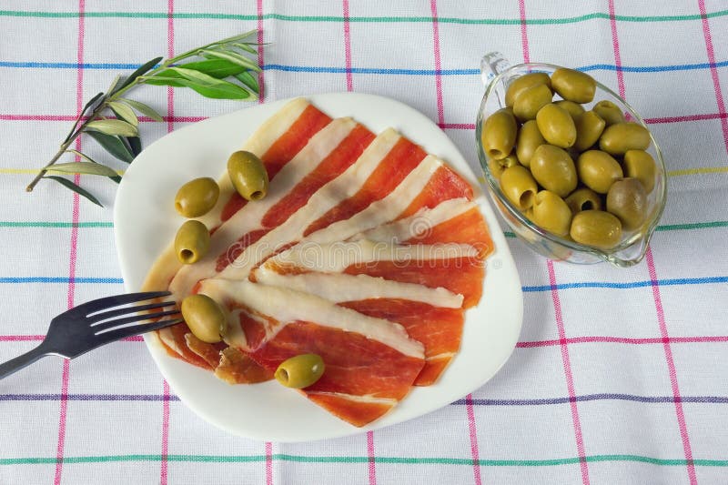 Balkan cuisine . Slices of prsut dry-cured ham, prosciutto royalty free stock image Balkan cuisine . Slices of prsut dry-cured ham, prosciutto royalty free stock image