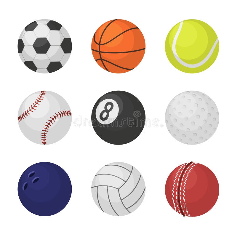 Ball collection. Sports equipment game balls football basketball tennis cricket billiards bowling volleyball symbols.