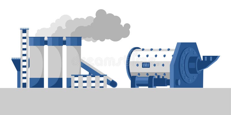 Ball mill and cement processing plant, color image in flat style. Industrial concept vector illustration