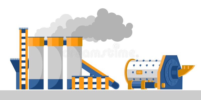 Ball mill and cement processing plant, color image in flat style. Industrial concept vector illustration