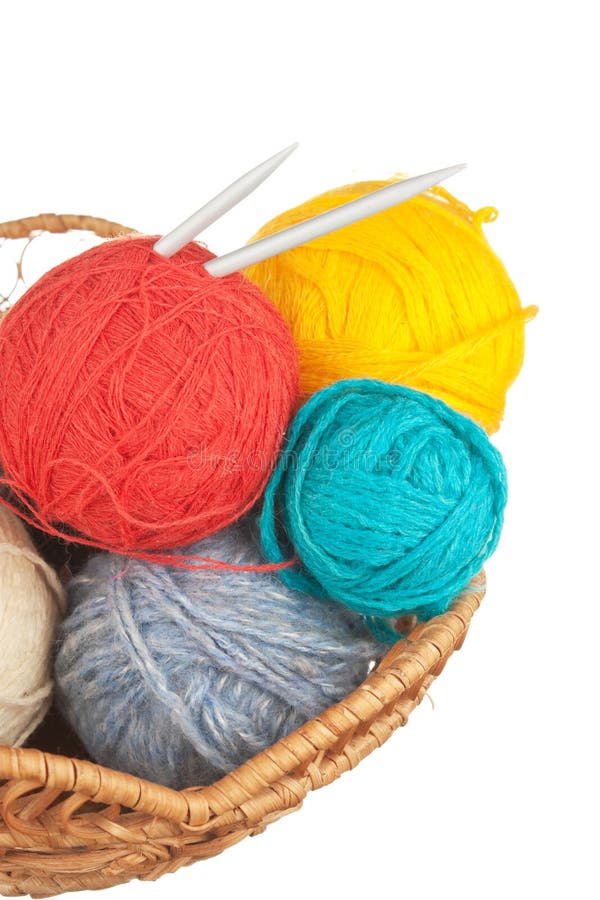 Ball of Wool and Knitting Needles in Basket Stock Photo - Image of ...