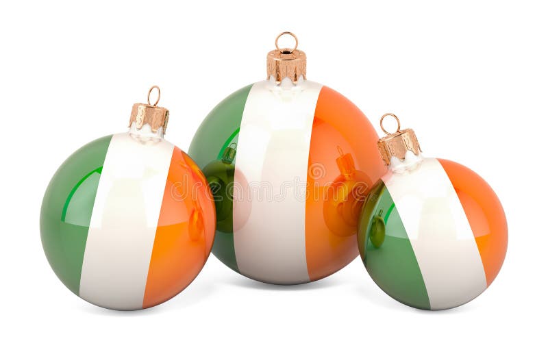 Christmas baubles with Irish flag, 3D rendering isolated on white background. Christmas baubles with Irish flag, 3D rendering isolated on white background