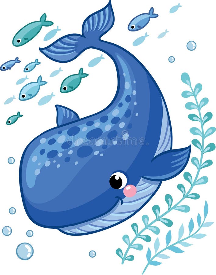 Ballena joven de la historieta rodeada por los pequeños pescados de mar stock de ilustración Ballena joven de la historieta rodeada por los pequeños pescados de mar stock de ilustración