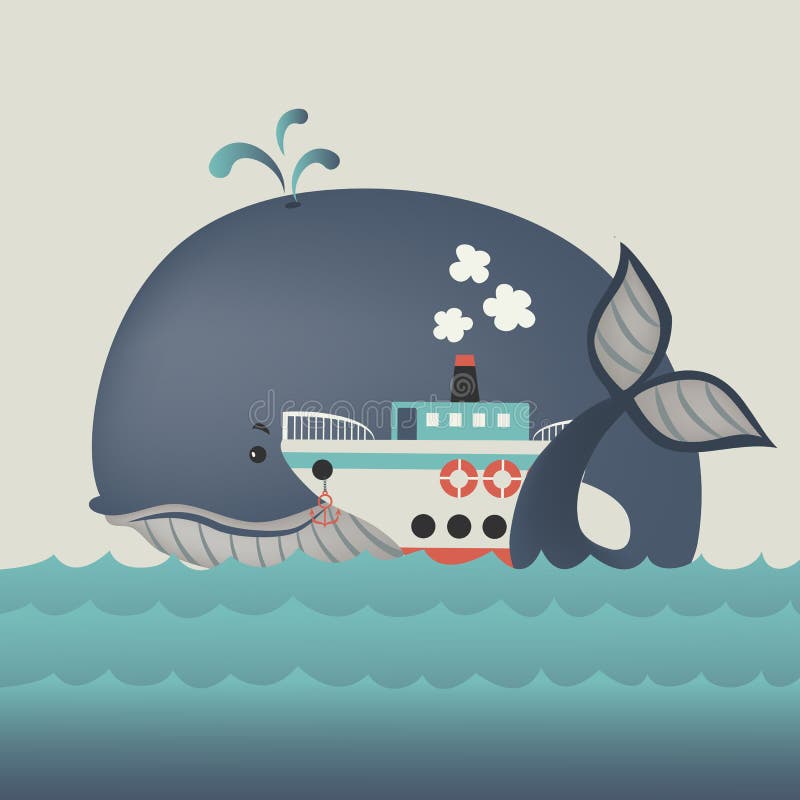 Ballena y buque de vapor en el mar azul ilustración del vector Ballena y buque de vapor en el mar azul ilustración del vector