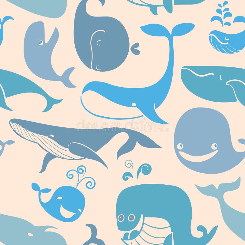 Ballenas azules del garabato lindo Fondo inconsútil marina stock de ilustración Ballenas azules del garabato lindo Fondo inconsútil marina stock de ilustración