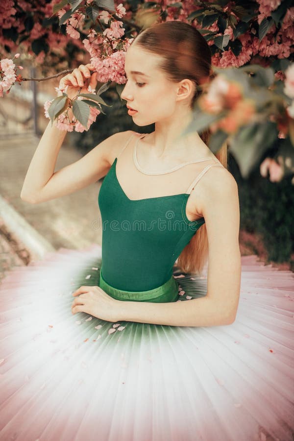 Ballerina dancing against the background of flowering sakura tree. Closeup