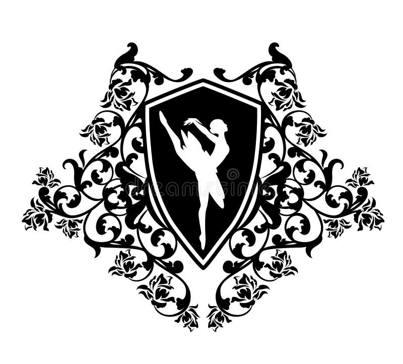 Ballerina nello scudo araldico con fiore di rosa decorazione del vettore nero e bianco royalty illustrazione gratis