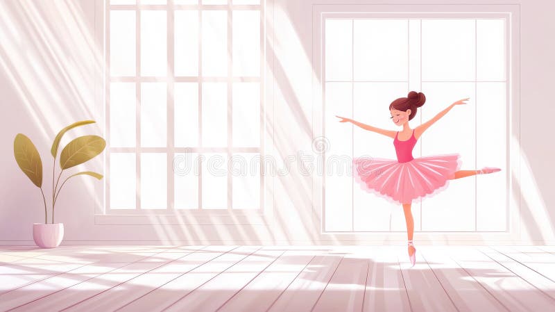 Ballerina souriante Interprétation dans Sunlit Studio avec Pose gracieuse et Tutu rose vif illustration. Concept d'élégance images libres de droits