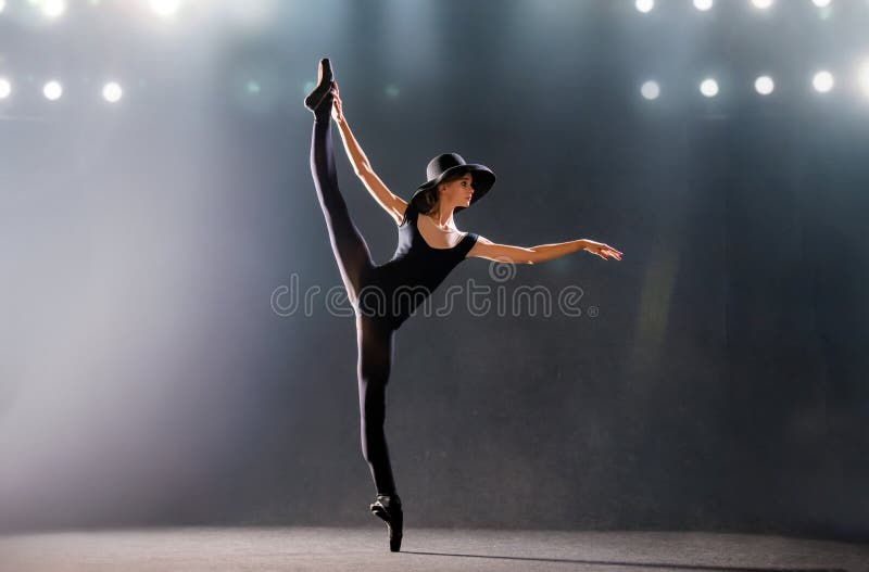 ved siden af bevæge sig Medicinsk Ballerina in Tight-fitting Suit is Dancing on Black Background on Pointe  Shoes, Silhouette is Illuminated by Sources of Color Stock Image - Image of  elegant, female: 236344033