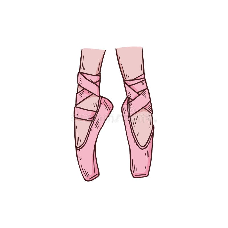 Ballerinas feet in pink ballet pointe shoes, sketch vector illustration isolated. royalty free illustration