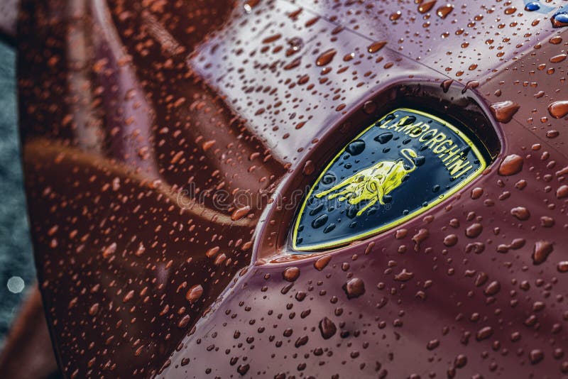 Gold Lamborghini logo on a red car covered with drops of water. Gold Lamborghini logo on a red car covered with drops of water.