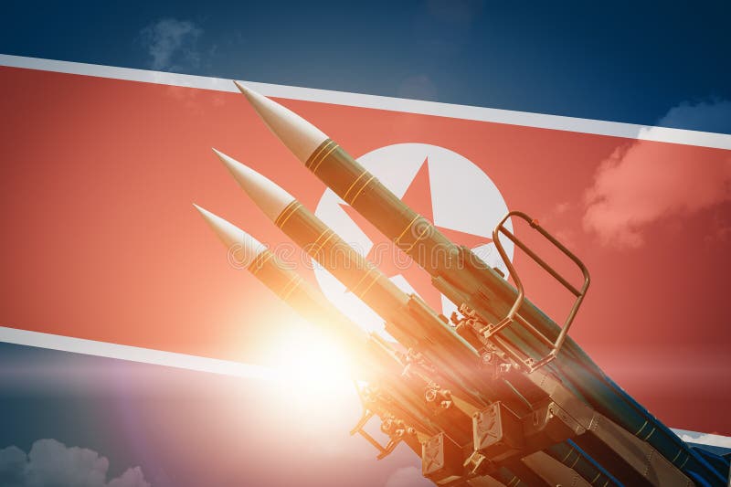Ballistische projectielen of raketten bij de vlagachtergrond van Noord-Korea Wapens van massavernietiging en bedreiging van kerno stock illustratie Ballistische projectielen of raketten bij de vlagachtergrond van Noord-Korea Wapens van massavernietiging en bedreiging van kerno stock illustratie