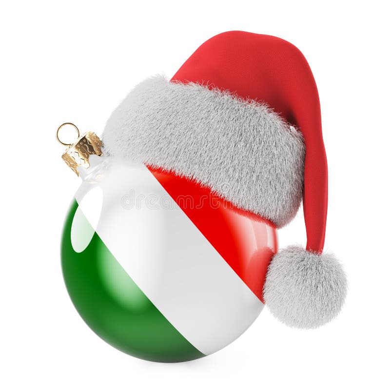 Christmas ball with Irish flag and Santa Claus hat. Christmas and New Year in Ireland, concept. 3D rendering isolated on white background. Christmas ball with Irish flag and Santa Claus hat. Christmas and New Year in Ireland, concept. 3D rendering isolated on white background