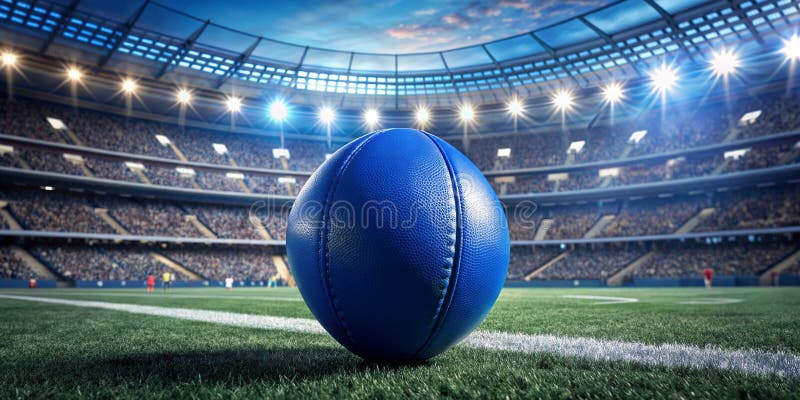 Ballon de football bleu électrique au centre du stade mondial encerclé par les fans ai générative photographie stock libre de droits